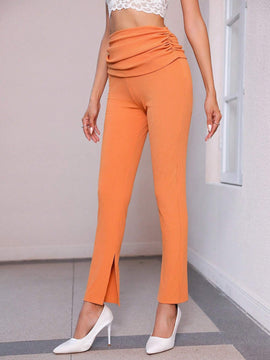 Essnce Pantalones unicolor de cintura con fruncido bajo con abertura