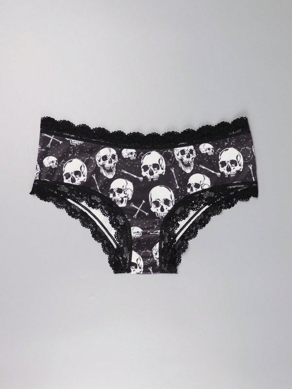 3 Piezas Lenceria De Goth Con Contraste De Encaje Hipster Panties, Prendas De Ropa Interior De Calaveras Con Estrellas Para Halloween, Lenceria Y Ropa Interior De Mujer