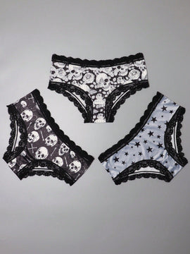 3 Piezas Lenceria De Goth Con Contraste De Encaje Hipster Panties, Prendas De Ropa Interior De Calaveras Con Estrellas Para Halloween, Lenceria Y Ropa Interior De Mujer
