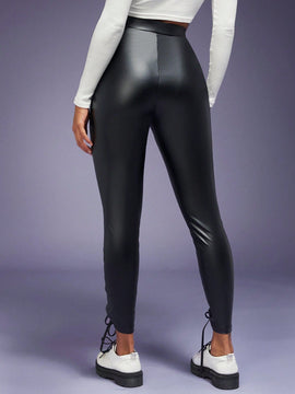 Haute Pantalones De PU Con Cordones Delanteros