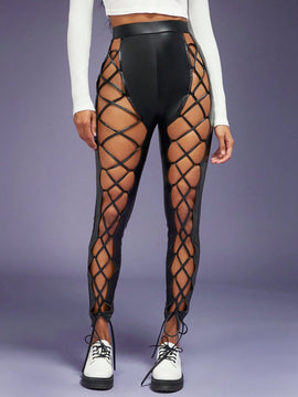 Haute Pantalones De PU Con Cordones Delanteros