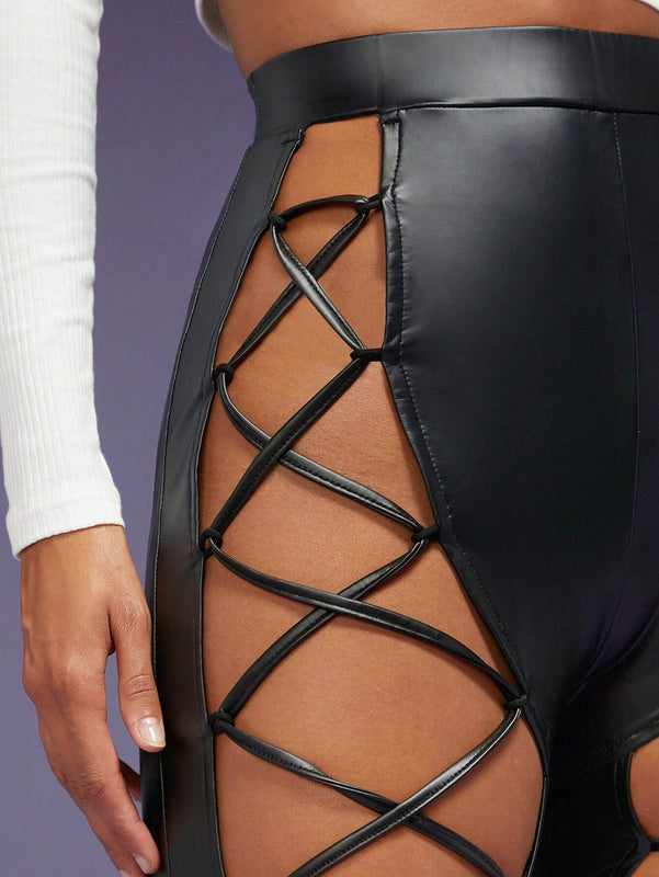 Haute Pantalones De PU Con Cordones Delanteros