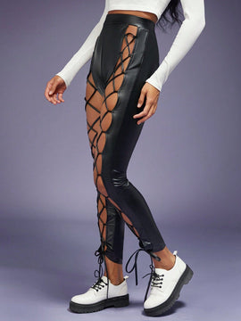 Haute Pantalones De PU Con Cordones Delanteros