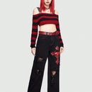 ROMWE Grunge Punk Jeans Con Impresion De Letras Y Calaveras Y Diseno Con Cremallera