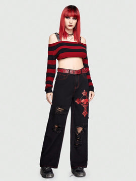 ROMWE Grunge Punk Jeans Con Impresion De Letras Y Calaveras Y Diseno Con Cremallera