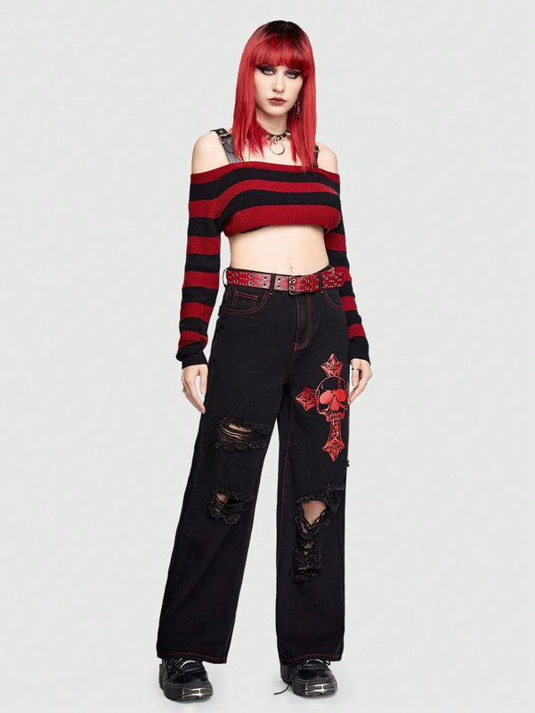 ROMWE Grunge Punk Jeans Con Impresion De Letras Y Calaveras Y Diseno Con Cremallera