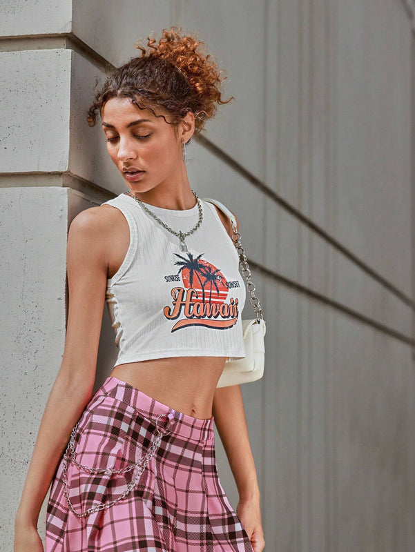 Top tank crop con estampado de palmera y letra