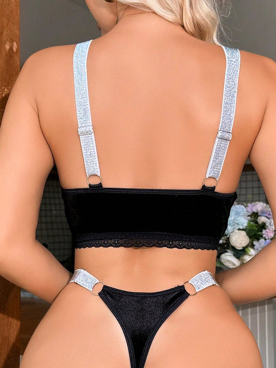 Conjunto De Sujetador Y Tanga Sin Aros De Encaje Para Mujer