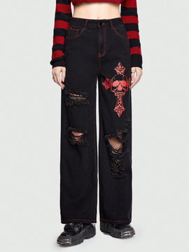 ROMWE Grunge Punk Jeans Con Impresion De Letras Y Calaveras Y Diseno Con Cremallera