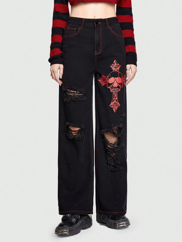 ROMWE Grunge Punk Jeans Con Impresion De Letras Y Calaveras Y Diseno Con Cremallera