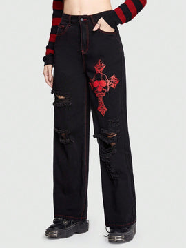 ROMWE Grunge Punk Jeans Con Impresion De Letras Y Calaveras Y Diseno Con Cremallera