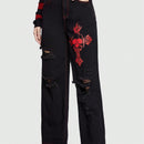 ROMWE Grunge Punk Jeans Con Impresion De Letras Y Calaveras Y Diseno Con Cremallera