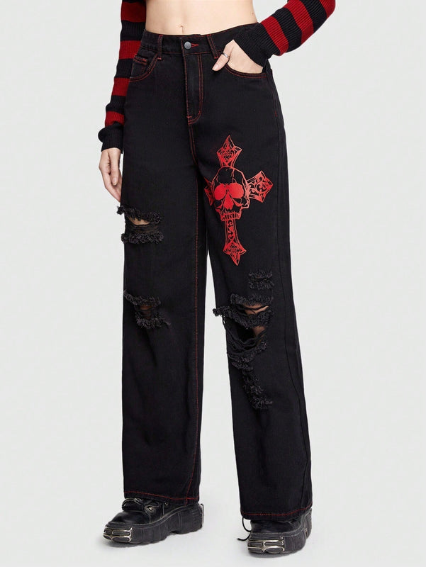 ROMWE Grunge Punk Jeans Con Impresion De Letras Y Calaveras Y Diseno Con Cremallera