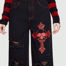 ROMWE Grunge Punk Jeans Con Impresion De Letras Y Calaveras Y Diseno Con Cremallera