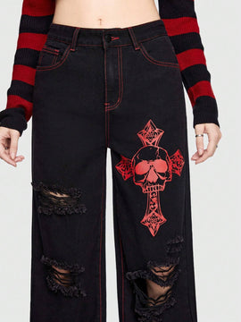 ROMWE Grunge Punk Jeans Con Impresion De Letras Y Calaveras Y Diseno Con Cremallera