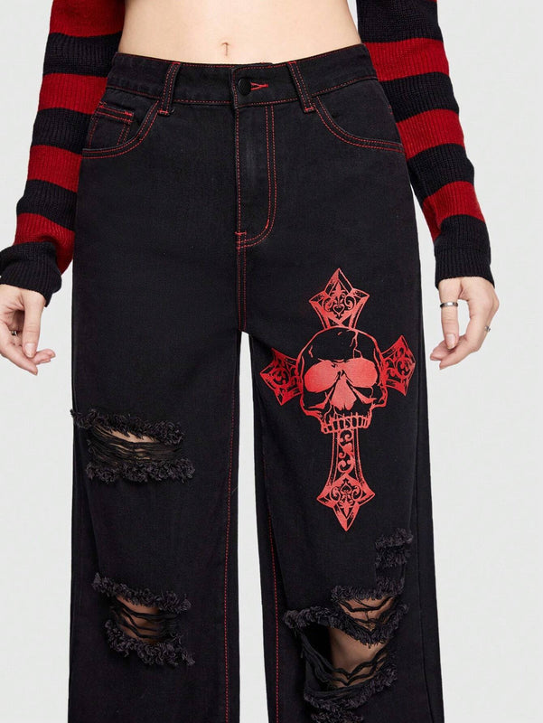 ROMWE Grunge Punk Jeans Con Impresion De Letras Y Calaveras Y Diseno Con Cremallera
