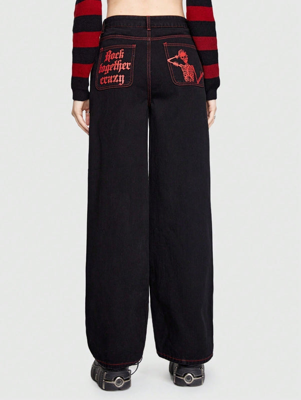 ROMWE Grunge Punk Jeans Con Impresion De Letras Y Calaveras Y Diseno Con Cremallera