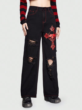 ROMWE Grunge Punk Jeans Con Impresion De Letras Y Calaveras Y Diseno Con Cremallera