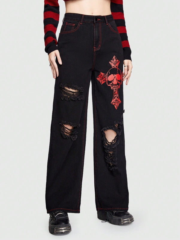 ROMWE Grunge Punk Jeans Con Impresion De Letras Y Calaveras Y Diseno Con Cremallera
