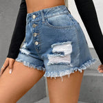 Shorts mezclilla desgarro bajo crudo con boton