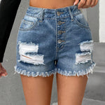 Shorts mezclilla desgarro bajo crudo con boton