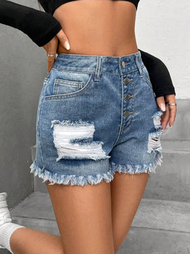 Shorts mezclilla desgarro bajo crudo con boton