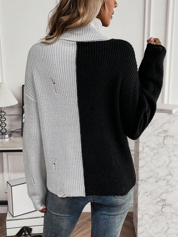 Essnce Jersey de dos tonos cuello alto desgarro de hombros caidos
