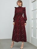 Mulvari Vestido con estampado floral ribete con fruncido de cuello alto de manga farol