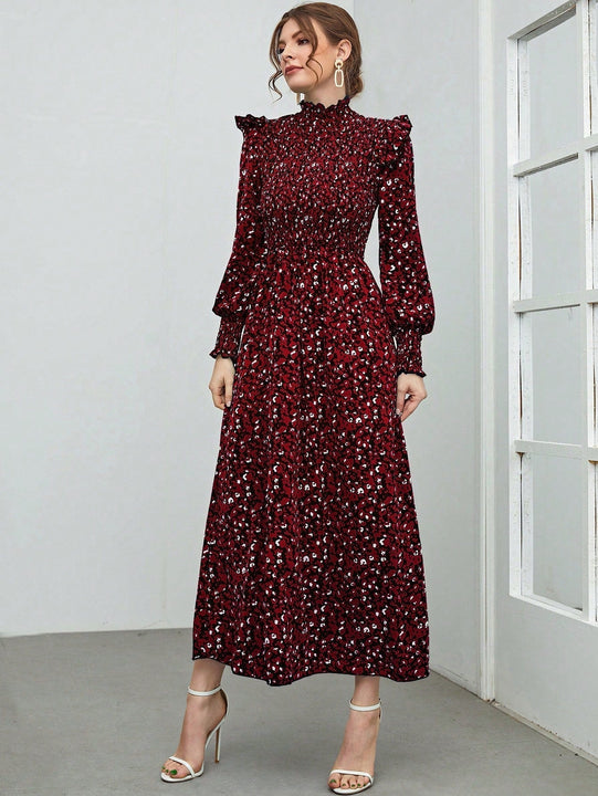 Mulvari Vestido con estampado floral ribete con fruncido de cuello alto de manga farol