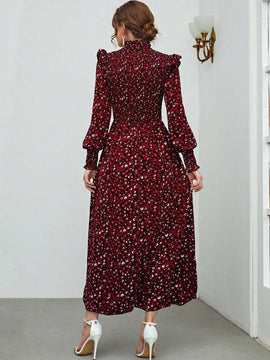 Mulvari Vestido con estampado floral ribete con fruncido de cuello alto de manga farol