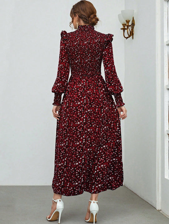 Mulvari Vestido con estampado floral ribete con fruncido de cuello alto de manga farol