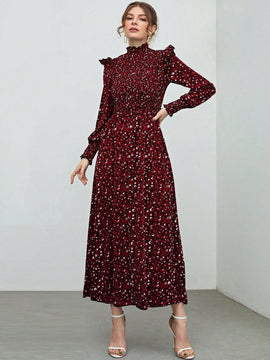 Mulvari Vestido con estampado floral ribete con fruncido de cuello alto de manga farol