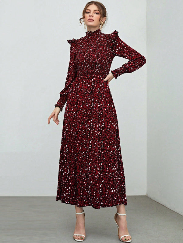 Mulvari Vestido con estampado floral ribete con fruncido de cuello alto de manga farol