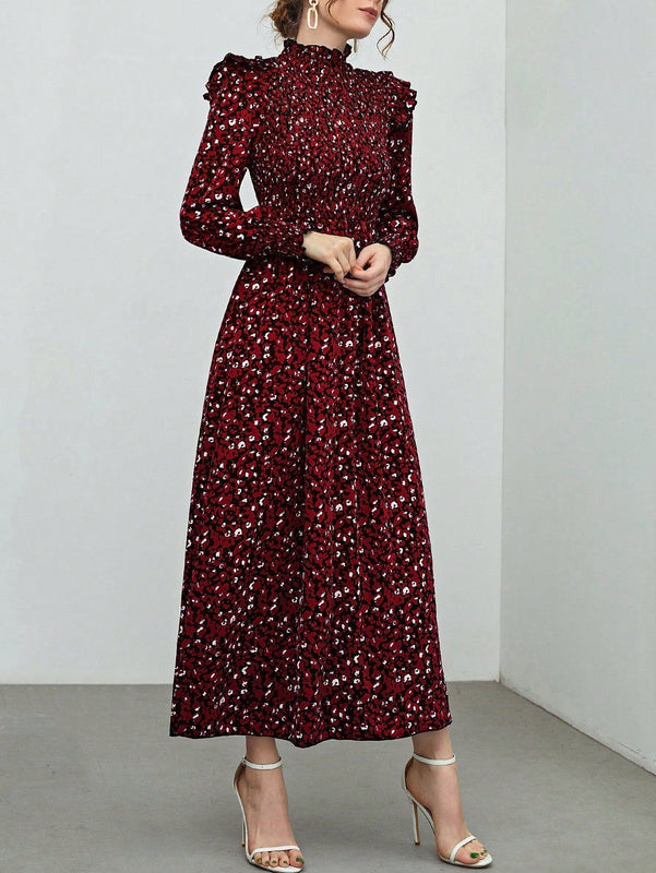 Mulvari Vestido con estampado floral ribete con fruncido de cuello alto de manga farol