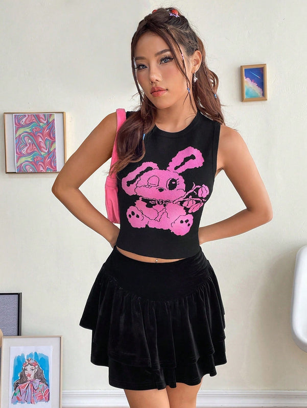EZwear Chaleco de punto crop con patron de dibujos animados