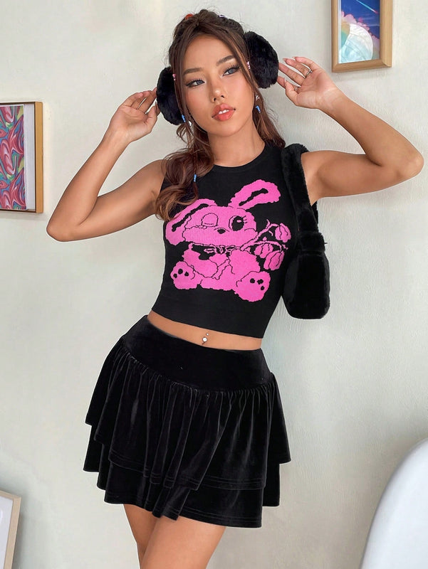 EZwear Chaleco de punto crop con patron de dibujos animados