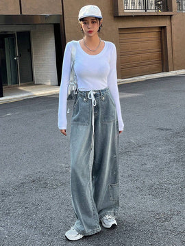 DAZY Jeans de cintura con cordon de pierna ancha