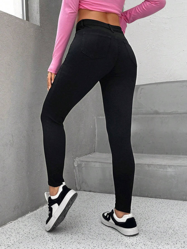 PETITE Mujeres Pantalones ajustados informales y simples con cremallera en unicolor