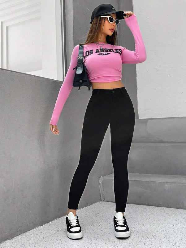 PETITE Mujeres Pantalones ajustados informales y simples con cremallera en unicolor
