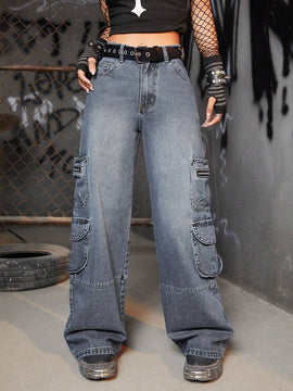 ROMWE Grunge Punk Pantalones Cargo Con Bolsillos Con Solapa Sin Cinturon