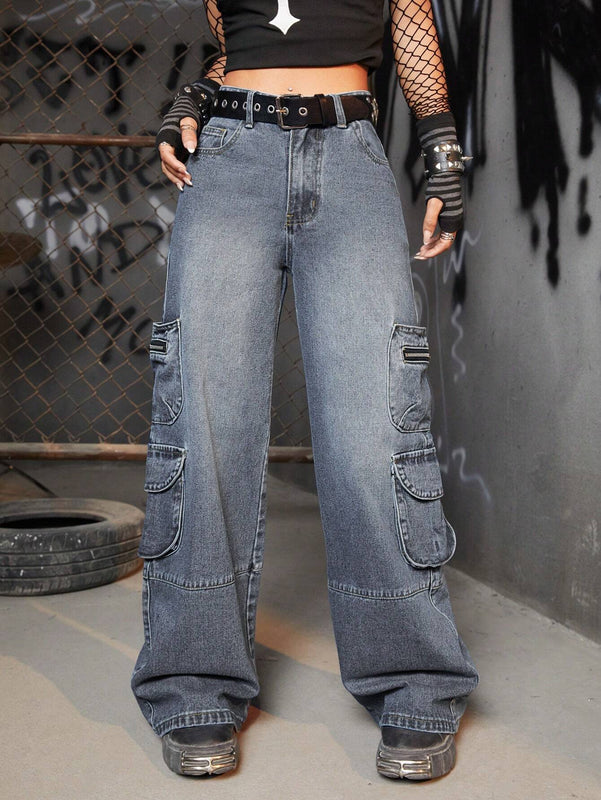 ROMWE Grunge Punk Pantalones Cargo Con Bolsillos Con Solapa Sin Cinturon