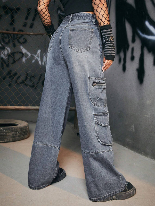 ROMWE Grunge Punk Pantalones Cargo Con Bolsillos Con Solapa Sin Cinturon
