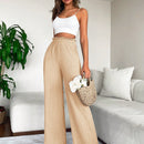 2 piezas pantalon para mujer de cintura alta y pierna ancha en unicolor marron y negro, casual y minimalista con un sentido de la caida