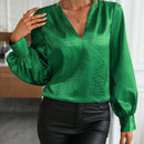 Clasi Blusa unicolor de cuello V de manga farol de cocodrilo jacquard