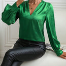 Clasi Blusa unicolor de cuello V de manga farol de cocodrilo jacquard