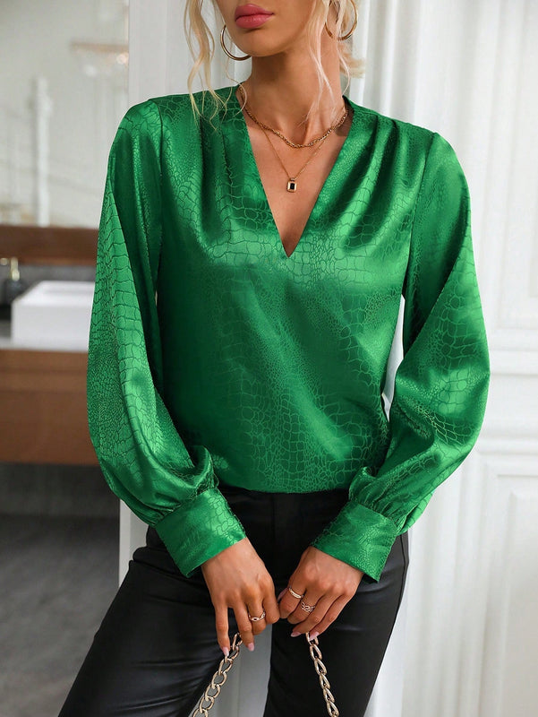 Clasi Blusa unicolor de cuello V de manga farol de cocodrilo jacquard