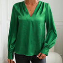 Clasi Blusa unicolor de cuello V de manga farol de cocodrilo jacquard