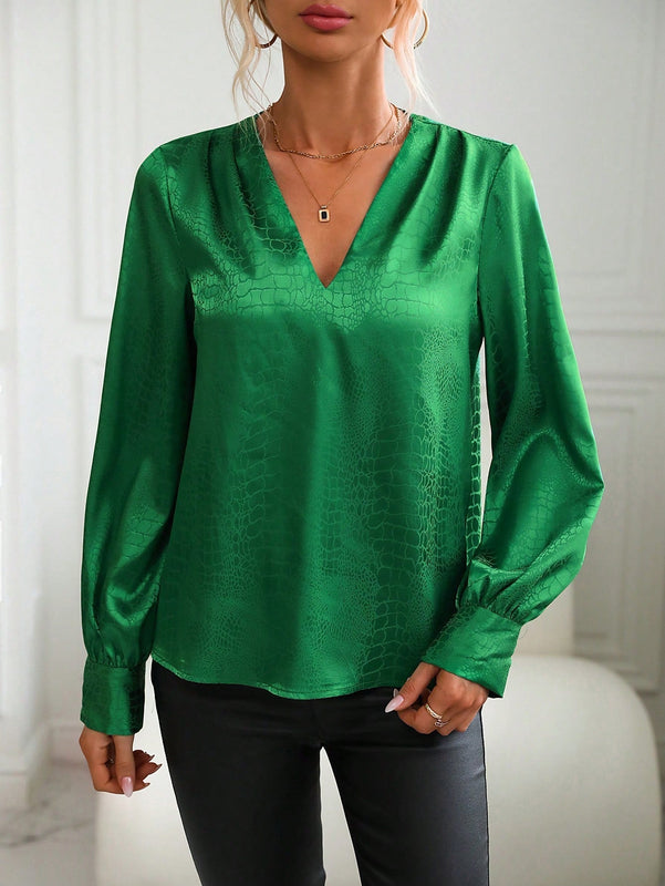 Clasi Blusa unicolor de cuello V de manga farol de cocodrilo jacquard