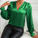 Clasi Blusa unicolor de cuello V de manga farol de cocodrilo jacquard