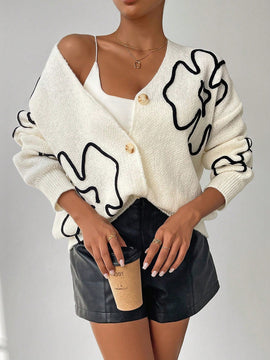 Frenchy cardigan casual de mujer con bloqueo de color y estampado floral, para otono/invierno